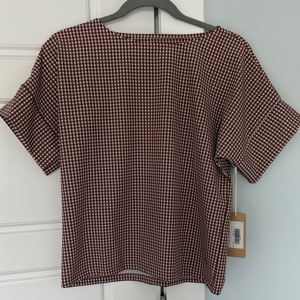 Albion Fit Brown and White Gingham Boss Short Sleeve Top - Sz Small NWT